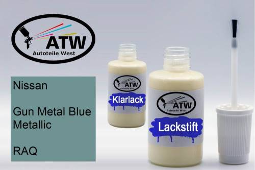 Nissan, Gun Metal Blue Metallic, RAQ: 20ml Lackstift + 20ml Klarlack - Set, von ATW Autoteile West.